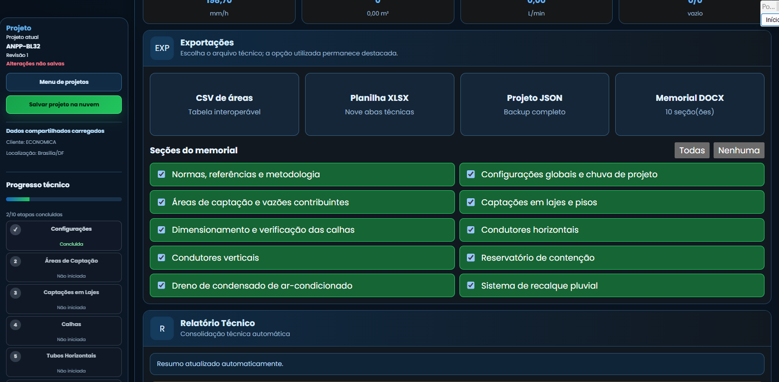 HIDROCALC — Drenagem Pluvial · Exportações — CSV, XLSX, JSON e Memorial DOCX