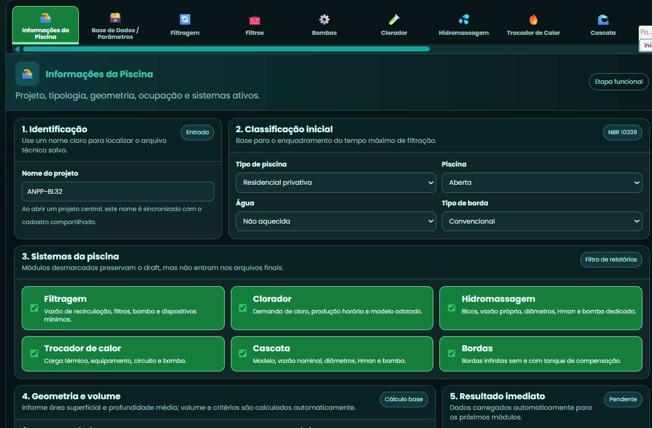 HIDROCALC — Piscinas · Informações da piscina, sistemas ativos e classificação inicial