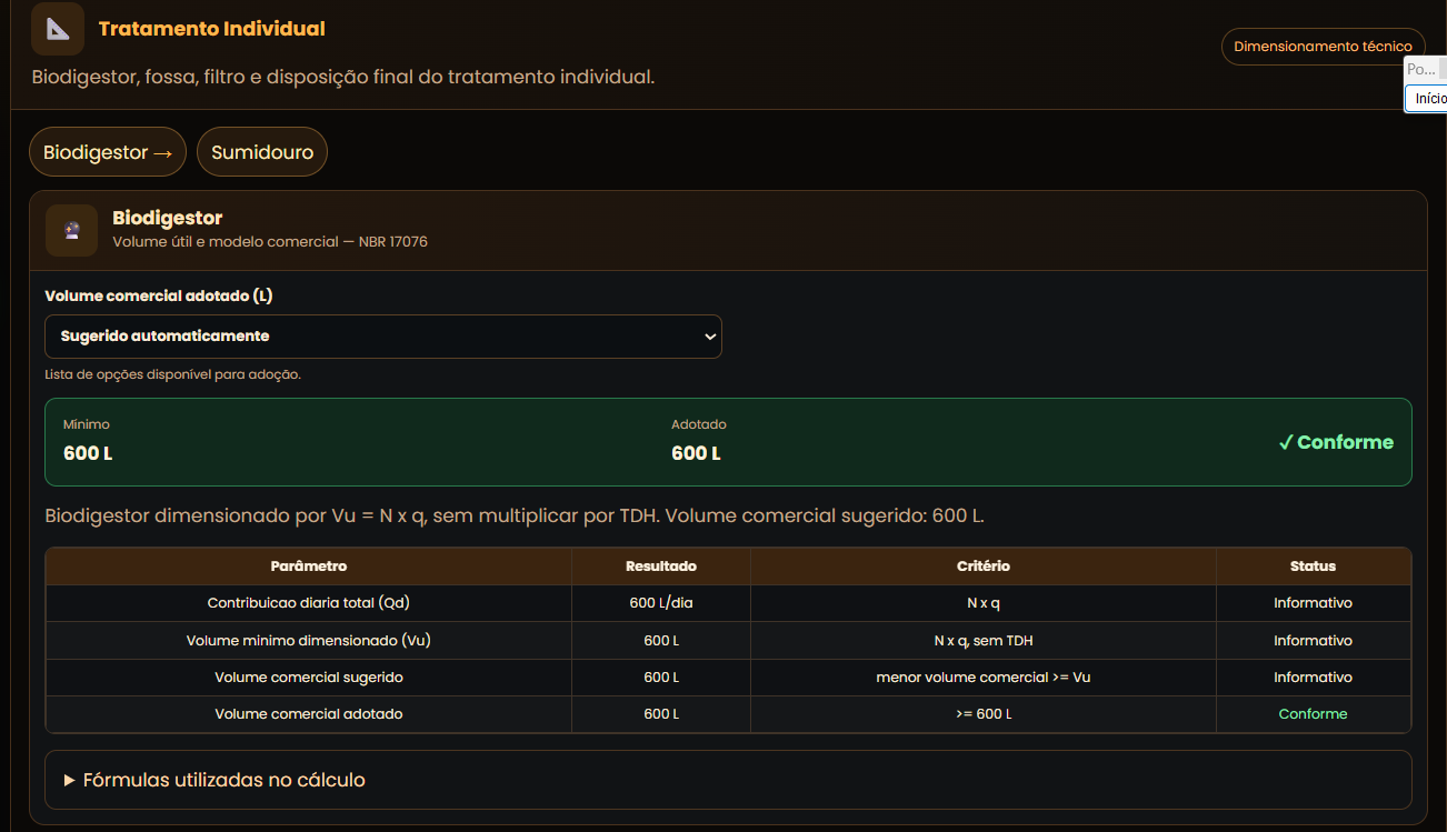 HIDROCALC — Esgoto · Tratamento Individual — biodigestor NBR 17076, fossa e sumidouro
